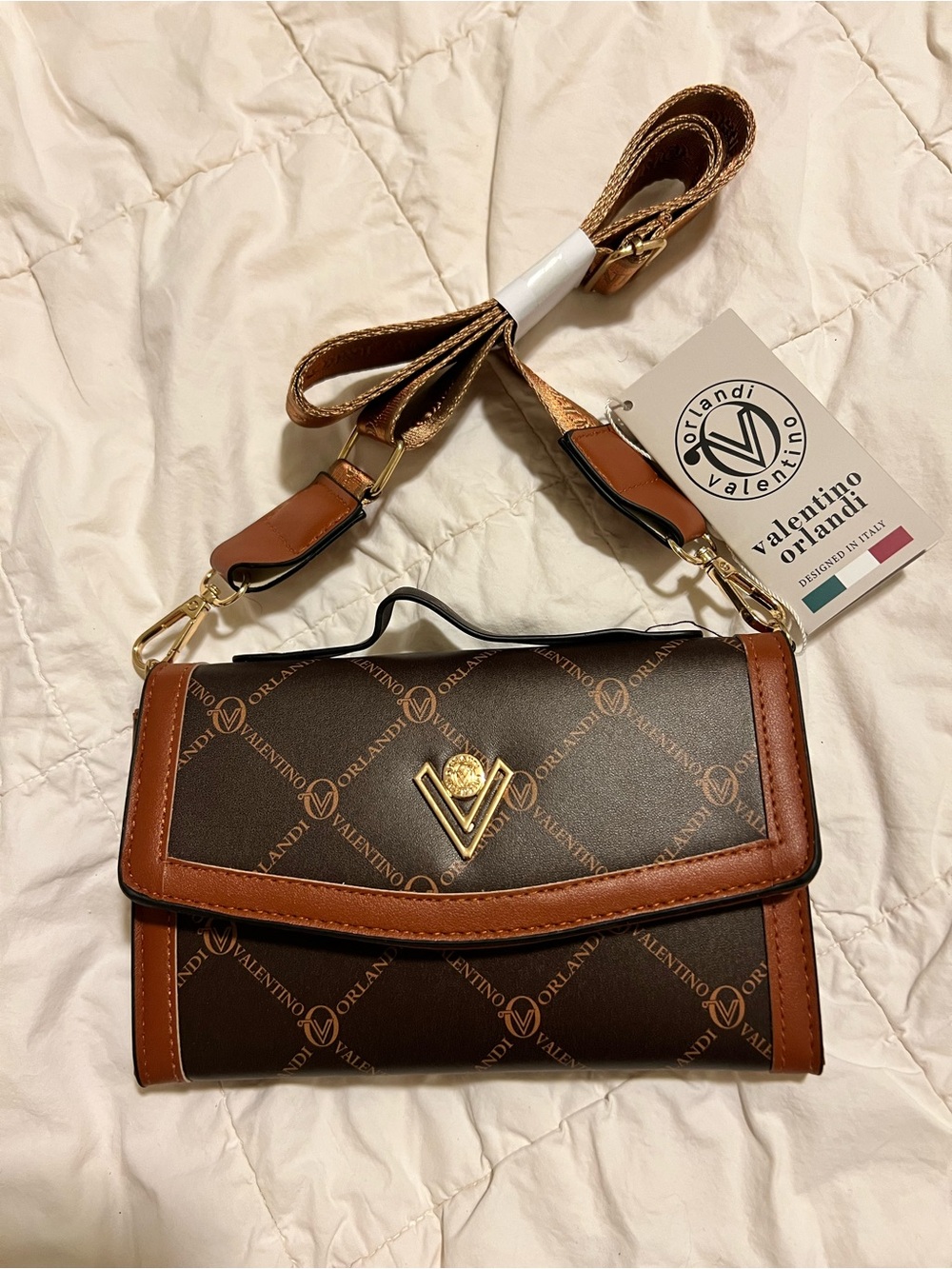 Valentino Orlandi Brown and Tan Logo Crossbody Bag